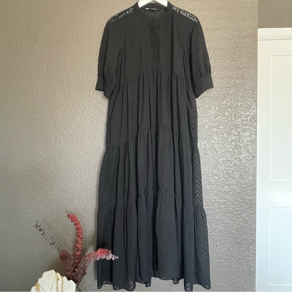 ZARA Sheer Dotted Design Maxi Dress With Sleeves Tiered Skirt Button Front Lined
